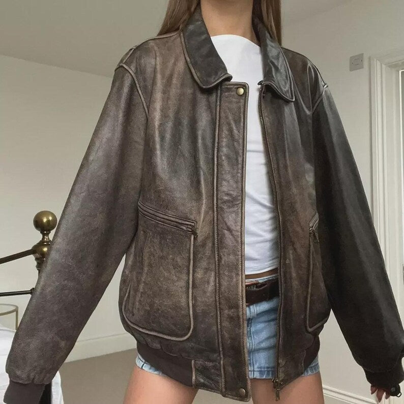 80s Women Vintage Retro Distressed Brown Leather jacket/Oversized Straight Cut Sheep Leather Jacket/Ladies Leather jacket/Women Gift For Him